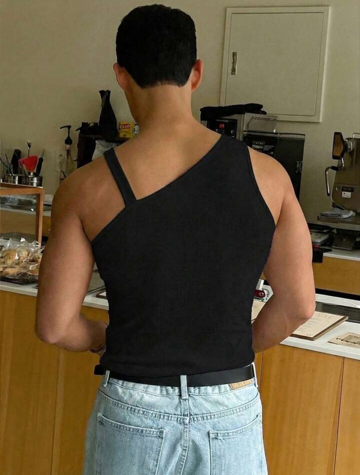 Men's Solid Color Oblique Shoulder Sleeveless Slim Fit Casual Asymmetrical Hollow Out-Tank Top
